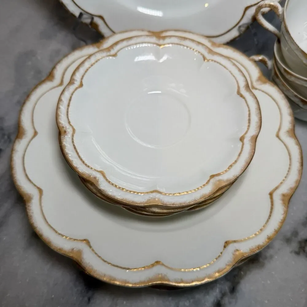Antique Haviland Limoges Gold Dusted Rim Scalloped Plate Saucers Cups For 4 Set